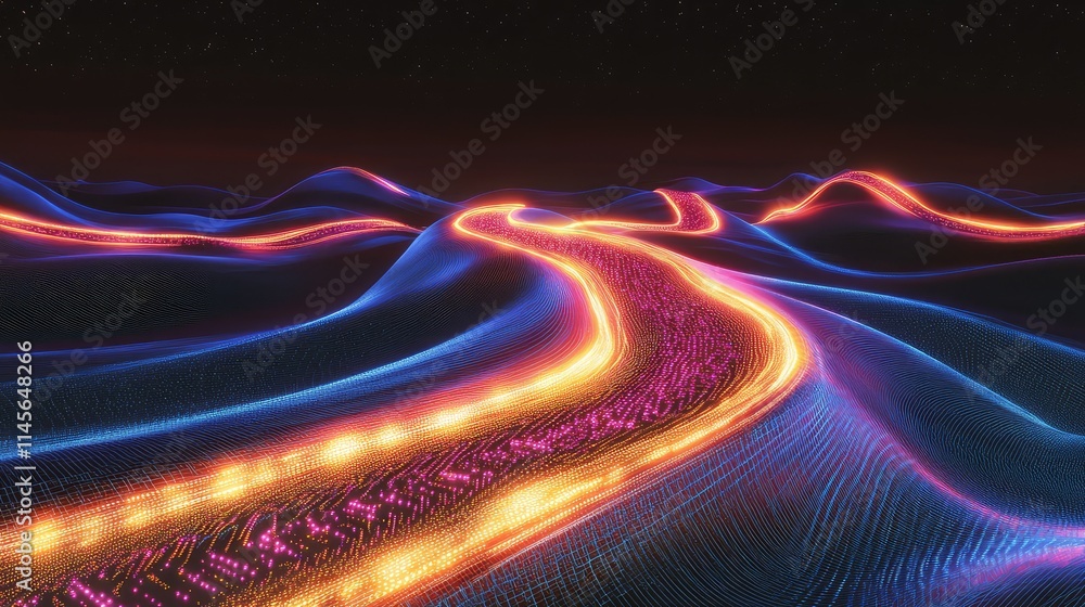 Poster a futuristic microchip network concept with energy pulses traveling across glowing paths to represen
