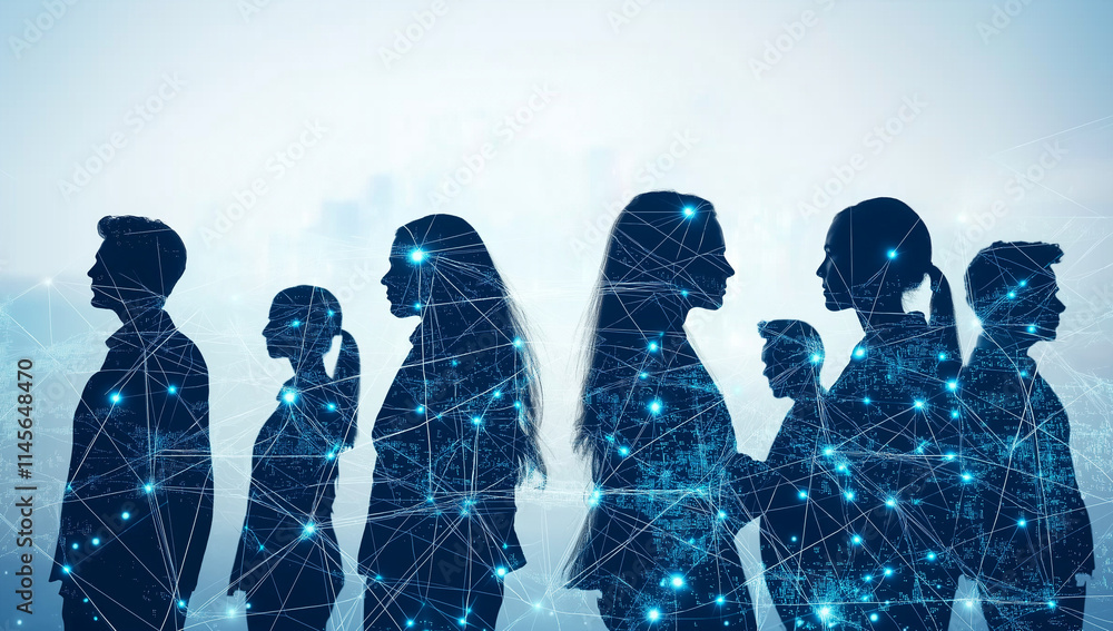 Poster silhouetted figures in a vast digital network – exploring the interconnected world of modern technol