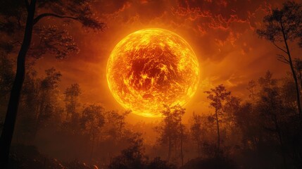 Vibrant orange solar disk glowing above a dense forest during a stunning sunset in a dramatic sky atmosphere