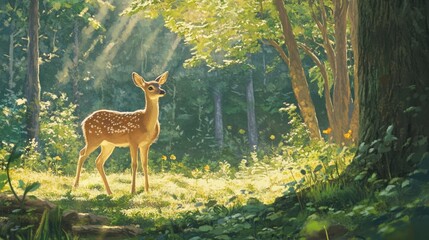 Serene roe deer in sunlit forest surrounded by lush greenery creating an enchanting natural landscape atmosphere