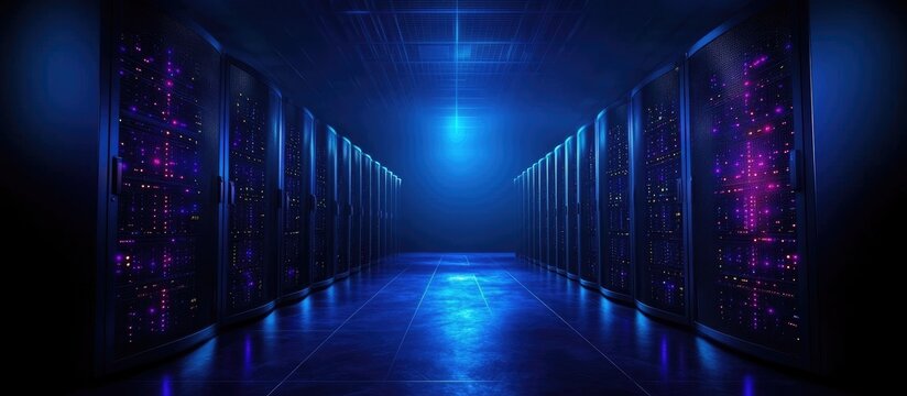 Futuristic data center showcasing centralized server connectivity and user access to various information systems in a vibrant blue environment