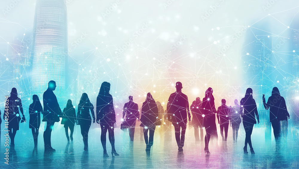 Aufkleber silhouetted figures in a vast digital network – exploring the interconnected world of modern technol