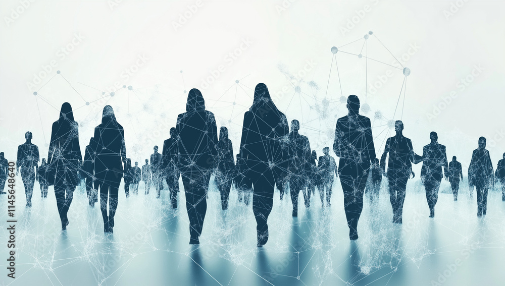 Poster silhouetted figures in a vast digital network – exploring the interconnected world of modern technol