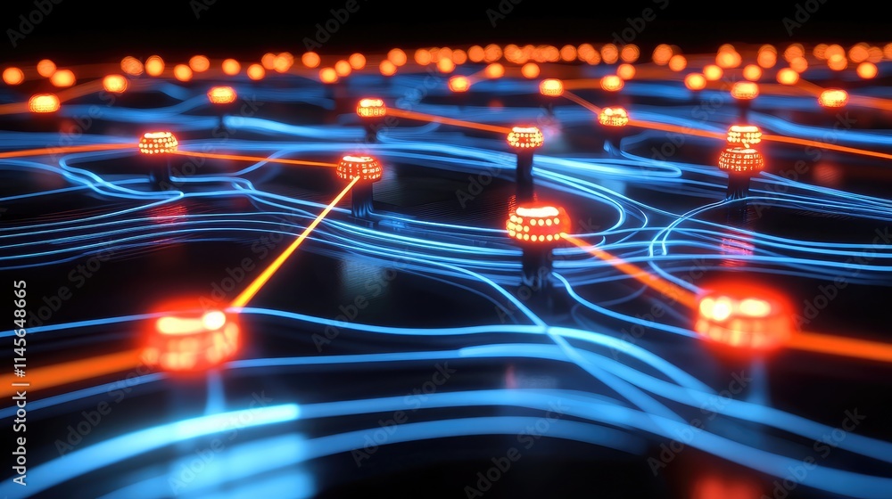 Poster a futuristic microchip network concept with energy pulses traveling across glowing paths to represen