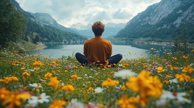 A man meditates in nature, finding peace, rest, and a zen mindset to clear his thoughts, surrounded by flowers and mountains for wellness and mental health reset.