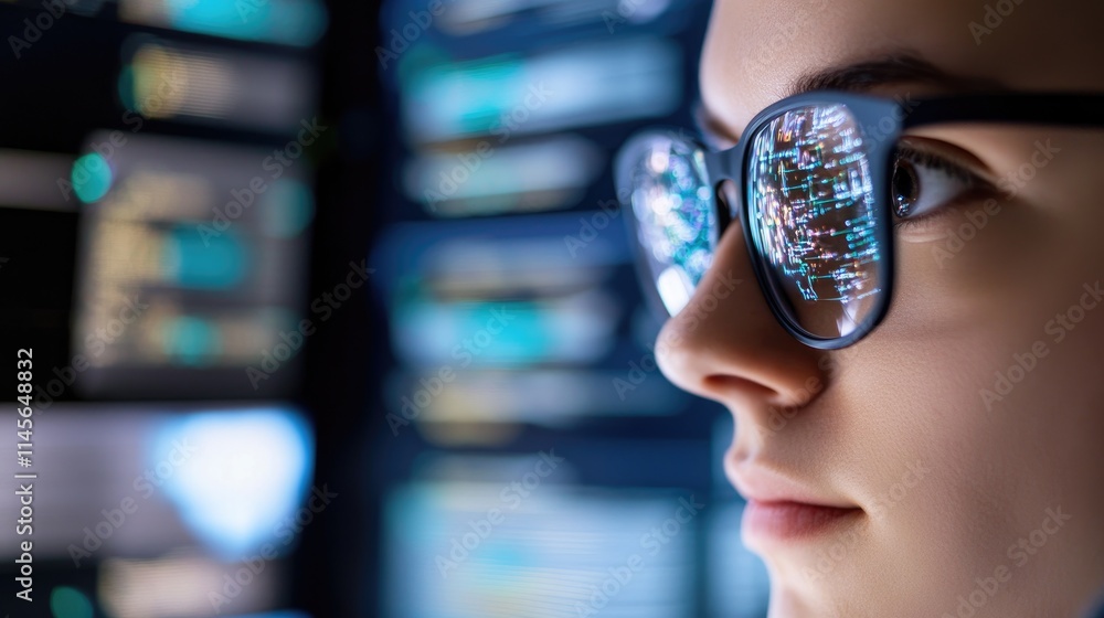Poster close-up of person with glasses and data reflection