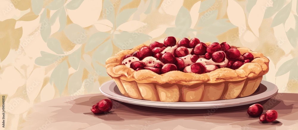 Poster delicious pie with cherries on a decorative background showcasing a side view with ample blank space