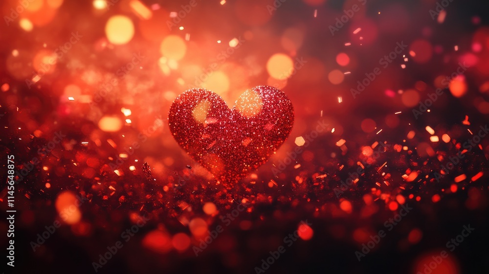 Poster red heart-shaped glitter with a soft blur effect creating a romantic and festive atmosphere with shi