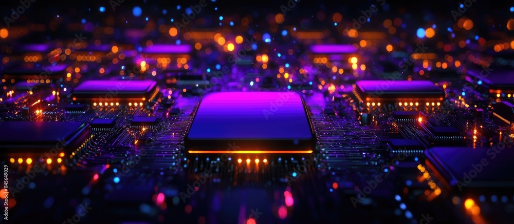 Poster advanced computer circuitry with vibrant lights and processors illustrating the concept of technolog