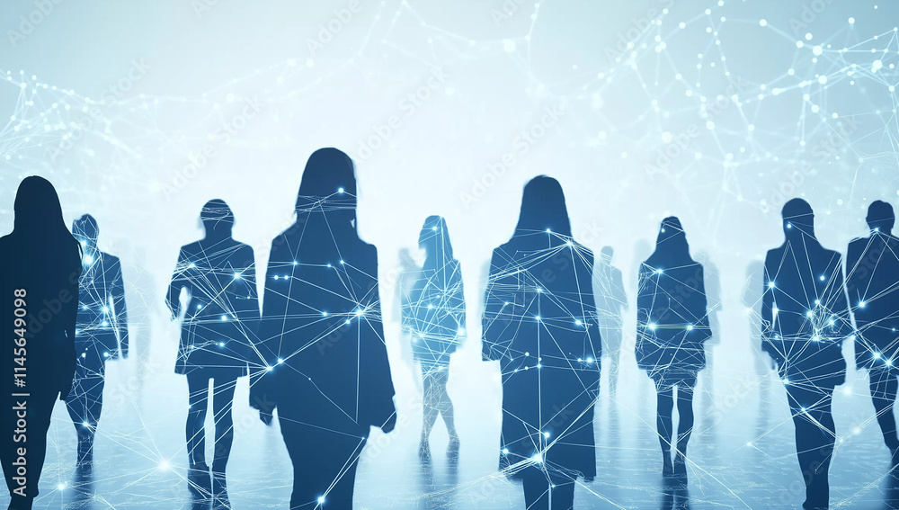 Poster silhouetted figures in a vast digital network – exploring the interconnected world of modern technol