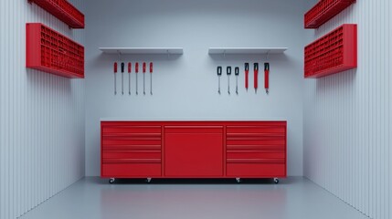 mechanics repair concept Red tool storage unit with organized tools on a clean, bright background.