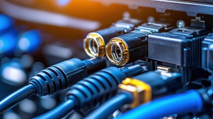 mechanics repair concept Close-up of various audio and video cables connected to devices in a tech environment.