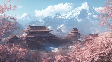 Obraz premium Beautiful Traditional Temple Complex Surrounded by Cherry Blossoms