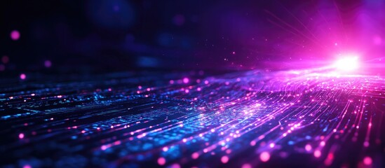 Obraz premium Vibrant violet server room with glowing data streams representing global e-commerce and digital communication network technology concepts