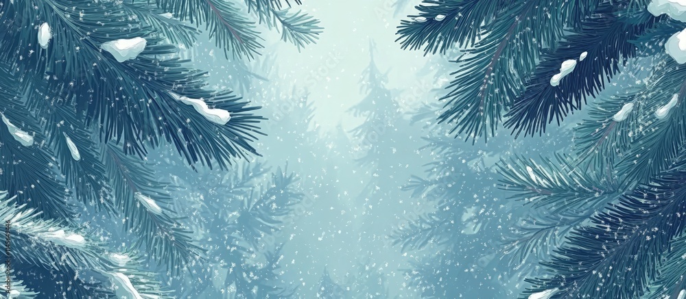 Poster winter forest scene with snowy fir tree branches and gentle snowfall creating a serene and tranquil 