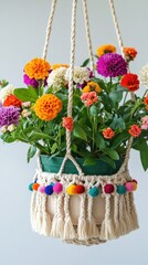 A festive macrame plant holder decorated with small pompoms and colorful beads, holding a pot filled with vibrant flowers. The playful details make it a cheerful addition to any space.