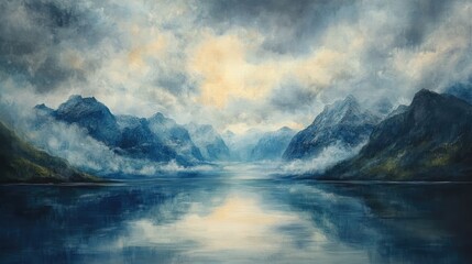 Obraz premium Majestic fjord landscape with dramatic clouds over tranquil waters and towering mountains reflecting in serene atmosphere