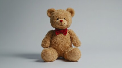 Obraz premium A fluffy, classic brown teddy bear doll with a red bow tie sitting upright, its soft fur and stitched details clearly visible against a solid white background, creating a warm and nostalgic atmosphere