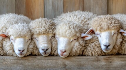 Naklejka premium Four sheep with fluffy wool resting peacefully against a wooden background.