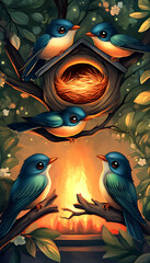 Birds Nest Fireside Family Tree Illustration.
