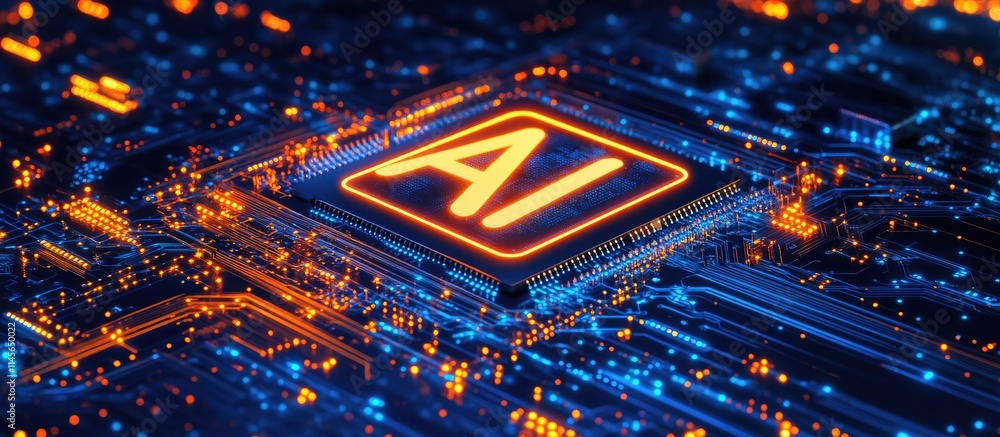 Poster illuminated macro shot of a printed circuit board with vibrant ai concepts showcasing colorful track