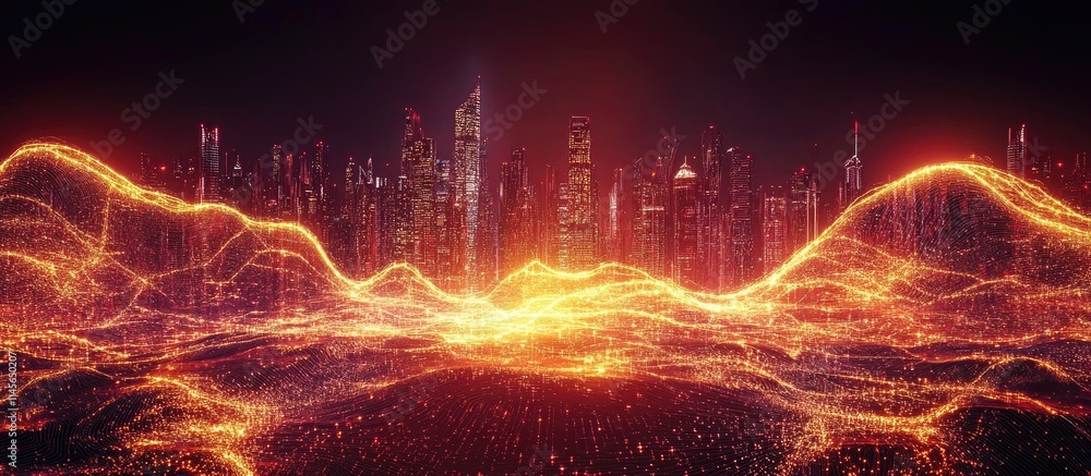 Poster dynamic digital cityscape with illuminated network connections representing communication technology