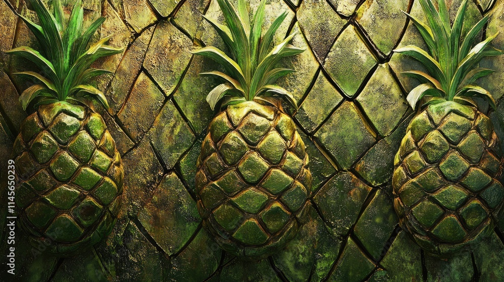 Poster pineapple texture background with three decorative pineapples on a textured green surface for tropic