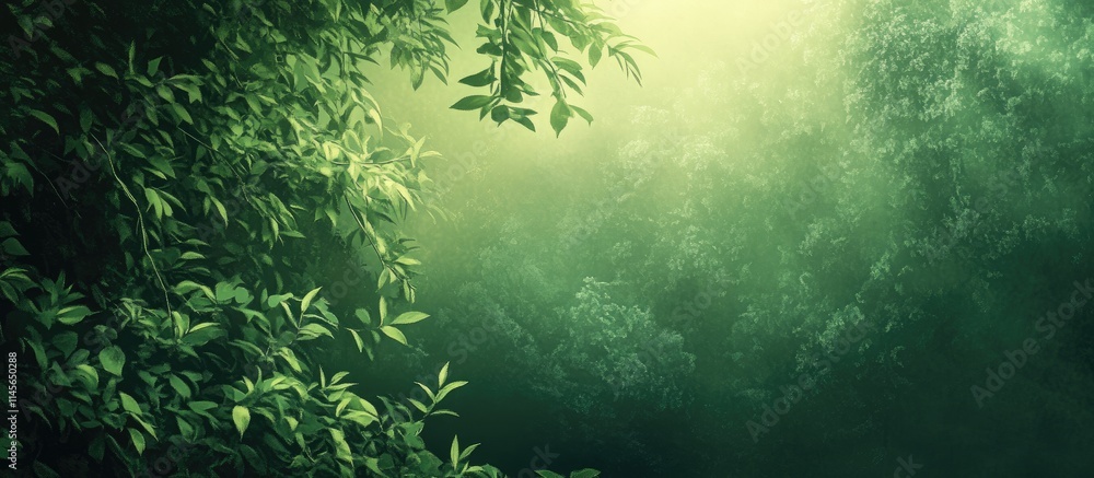Poster lush green foliage background with soft light creating a tranquil and serene atmosphere in a natural