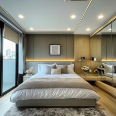 Modern bedroom design urban location interior photography cozy atmosphere wide angle view