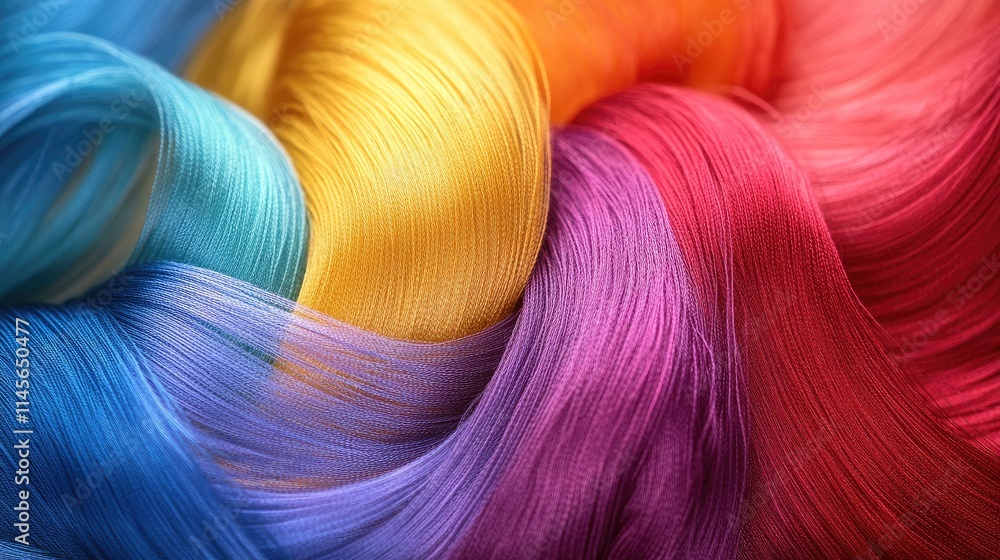Poster vibrant multicolored threads in smooth swirling patterns ideal for textile design and creative proje