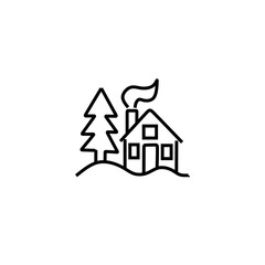 house with chimney and fir tree in winter icon