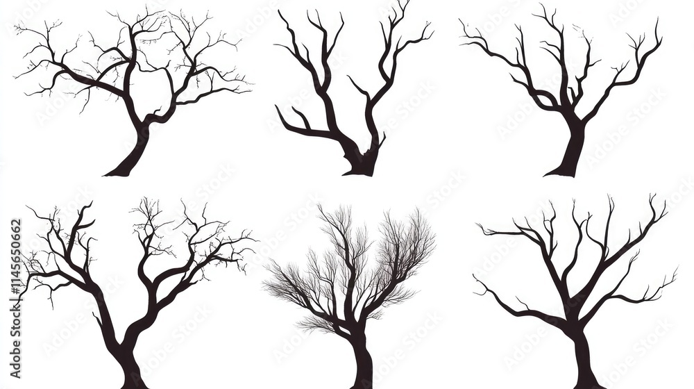 Poster silhouettes of bare tree branches in various shapes representing winter or decay in nature isolated 