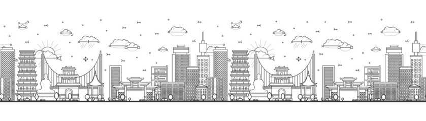Fototapeta premium Seamless pattern with Outline Dongguan China City Skyline with Historic and Modern Buildings Isolated on White. Dongguan Cityscape with Landmarks.