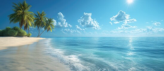 Obraz premium Tranquil island beach with clear ocean water and palm trees under a bright summer sky inviting relaxation and vacation vibes