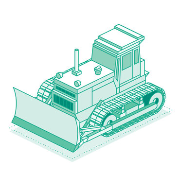 recommend clip art: Isometric bulldozer isolated on white background. Construction equipment machine. Outline style. Construction vehicle.