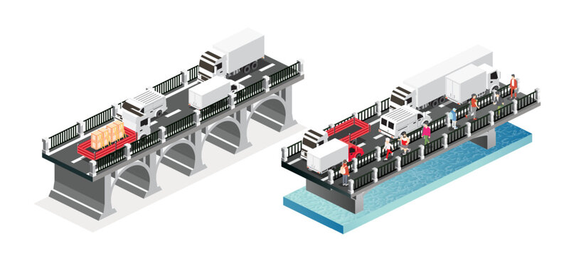 isometric bridges with trucks and people clip art preview