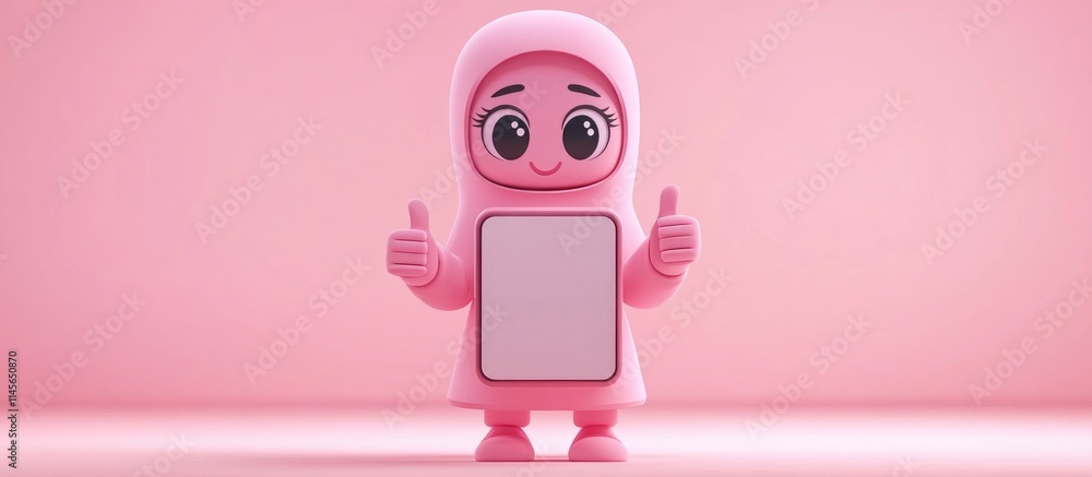 Poster cheerful animated character in hijab showing thumbs up with smartphone mockup for digital applicatio