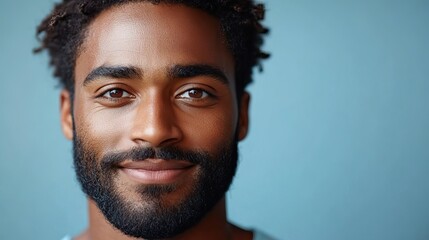 Obraz premium A man with a beard smiles confidently in a studio, showcasing his satisfaction with skincare and grooming treatments for cosmetic dermatology and hygiene.