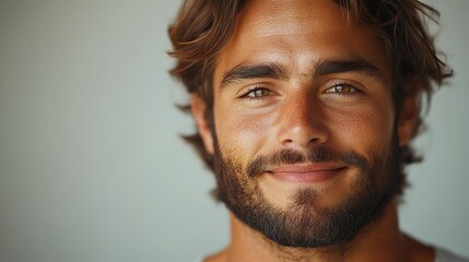 Obraz premium A man with a beard smiles confidently in a studio, showcasing his satisfaction with skincare and natural treatments for cosmetic dermatology and hygiene.