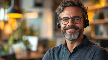 Fototapeta premium A man with a headset in a call center represents a portrait, office, crm technical support, consultant career, telecom, virtual assistant, happiness service, and contact us.