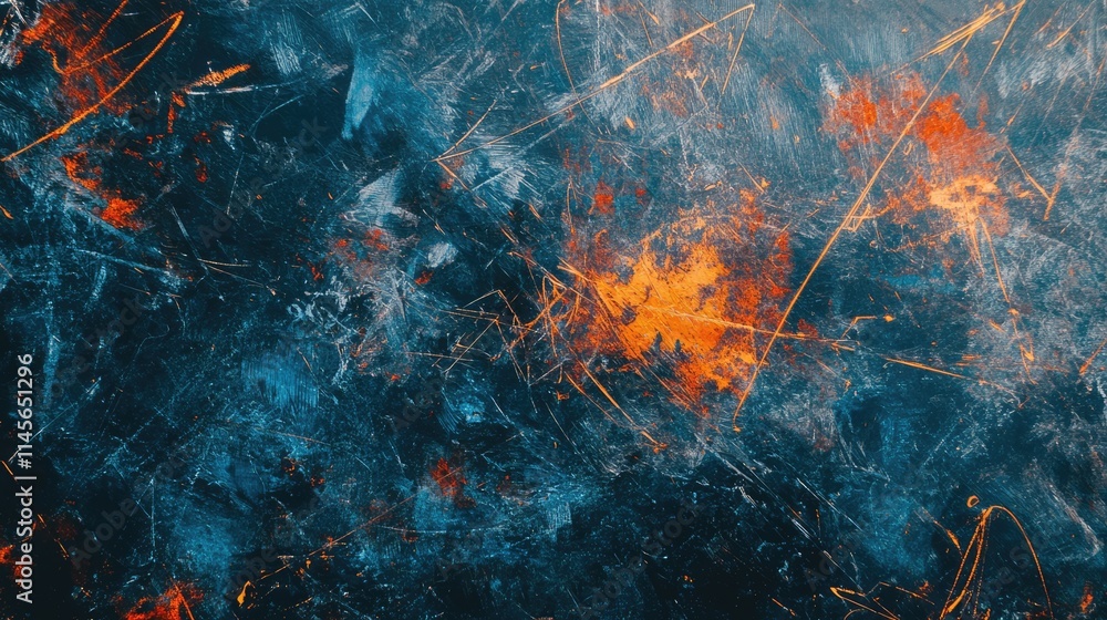 Poster abstract textured background with scratches and vibrant colors in blue and orange tones suitable for