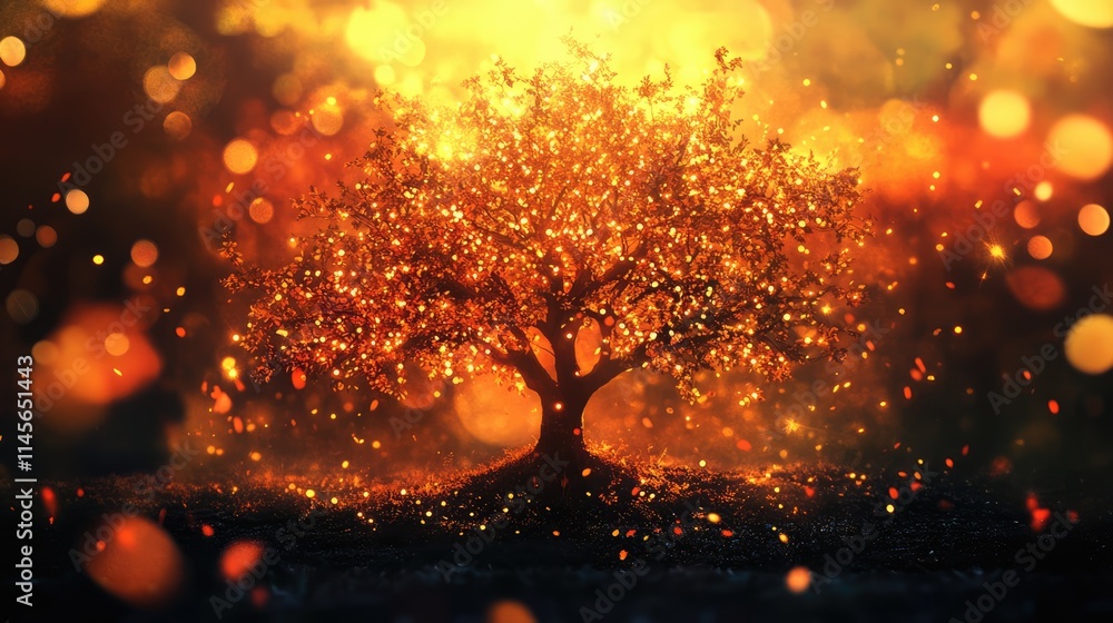 Poster glowing tree silhouette with ethereal lights in a vibrant warm background creating a magical and enc