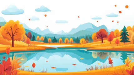 Fototapeta premium Autumn landscape with vibrant trees reflecting in a serene lake surrounded by mountains and a clear sky filled with soft clouds