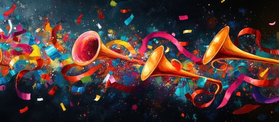 Colorful celebration with confetti streamers and lively trumpets creating a festive atmosphere for events and parties.
