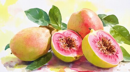Juicy and ripe tropical guava fruit illustration showcasing vibrant colors and fresh leaves on a soft watercolor background