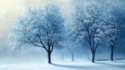 Winter landscape with frosted trees shrouded in fog creating a serene and tranquil atmosphere for nature lovers and winter enthusiasts.