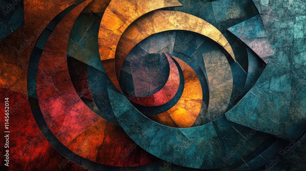 Poster colorful abstract background featuring dynamic shapes and textures in a harmonious spiral design, pe
