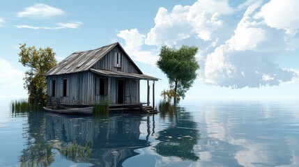 Rustic wooden house on tranquil waters surrounded by lush greenery under a bright blue sky with fluffy clouds.