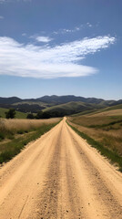 Dirt Road Leading to Rolling Hills Under Blue Sky