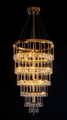 A majestic gold chandelier with multiple tiers of circular frames, each dripping with clear crystal beads. The luxurious glow radiates brilliantly against the deep black backdrop emphasizing grandeur.